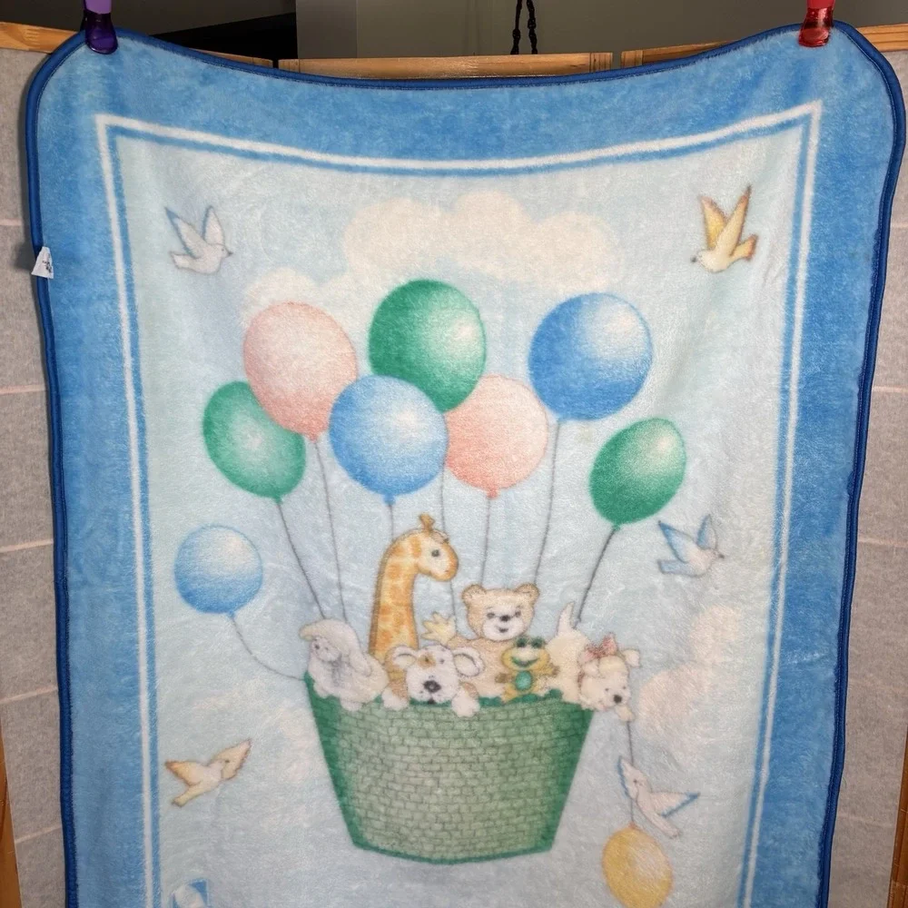 Vintage NovaTex Baby Blanket‎ Hot Air Balloon Nursery Animals Zoo Clouds 43 X 51